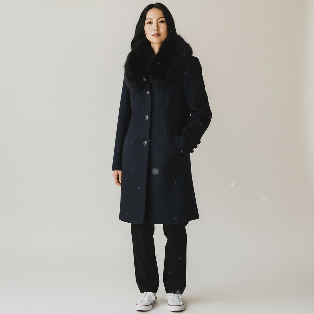 Herbert Grossman - Black Faux Fur Collar Pea Coat - Size 10